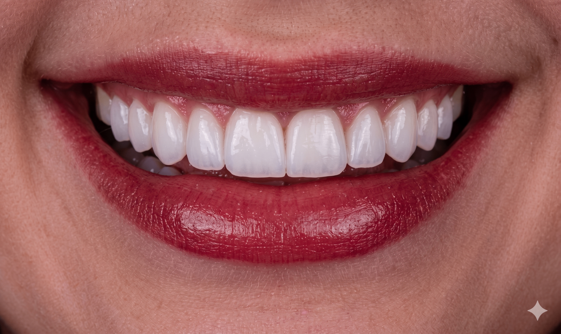 Close-up de sorriso feminino com lentes de resina — resultado natural